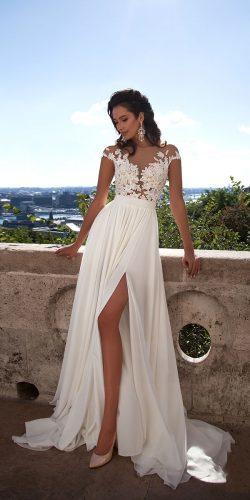sexy lace beach wedding dresses with high slit cap sleeves mila nova
