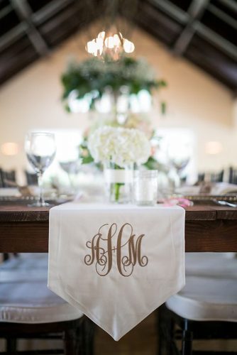 wedding monogram white tablecloth with a monogram on the wedding table rebecca keeling studios