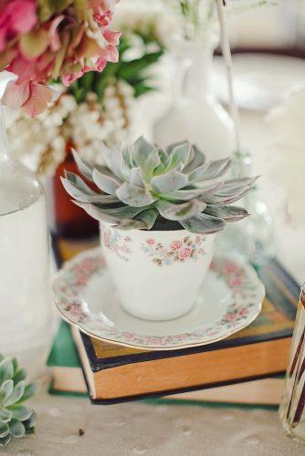 vintage teapot and teacup wedding ideas natural succulent in a vintage white cup with pink roses on a saucer the nichols