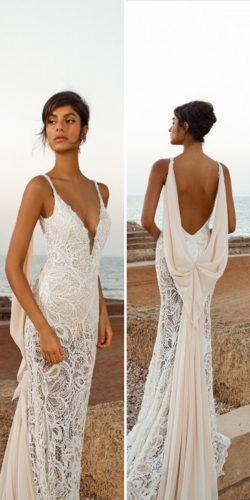 lace mermaid wedding dress with dramatic draping along the back and chiffon train by gala galia lahav