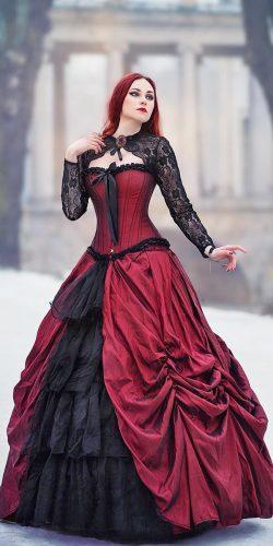 gothic wedding dresses black and red lace slevees