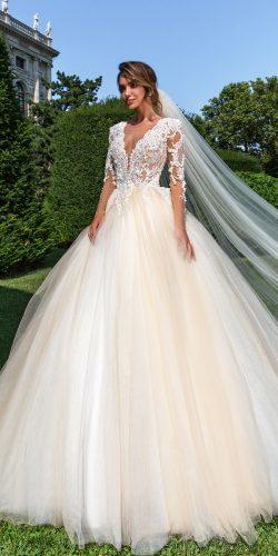 crystal design wedding dresses ball gown ivory lace long sleeves v neckline belle
