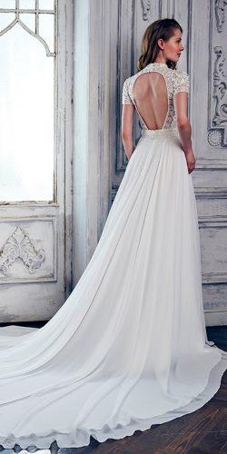 lace a line open back with short sleeves calla blanche wedding dresses