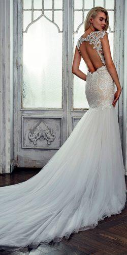 lace mermaid open back with short sleeves and train calla blanche wedding dresses