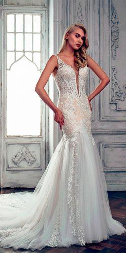 lace mermaid v neckline with cap sleeves calla blanche wedding dresses
