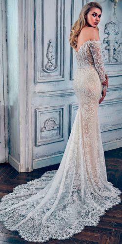 lace mermaid v shape back off shoulder with long sleeves calla blanche wedding dresses