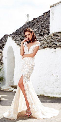 lace organza off the shoulder with front slit eddy k wedding dresses model cecilia