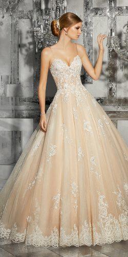 mori lee wedding dresses blush color with lace bodice scalloped hemline