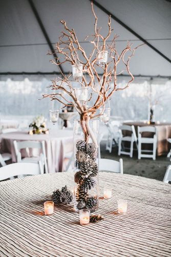 non floral wedding centerpieces in a high transparent vase cones and branches with candles teale photo