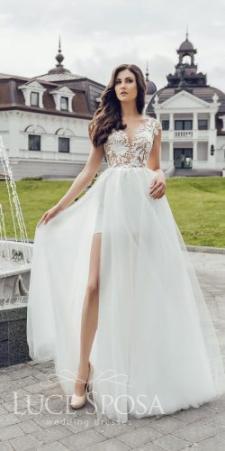 a line sweetheart cap sleeves with high slit luce sposa wedding dresses