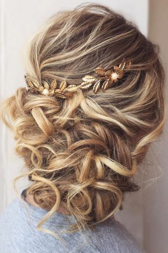 mother of the bride hairstyles curly updo with gold headpiece hairbybritny