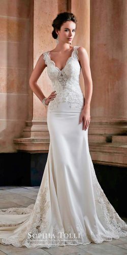 sophia tolli wedding dresses 2017 fit and flare sleeveless with scalloped lace shoulder straps and plunging v neckline