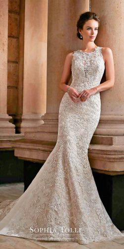 sophia tolli wedding dresses 2017 sleeveless hand beaded lace trumpet with illusion bateau neck