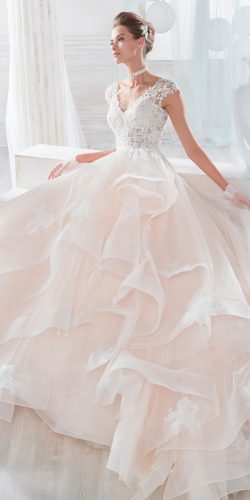 blush ball gown lace v neck cap sleeves with ruffles skirt nicole spose wedding dresses