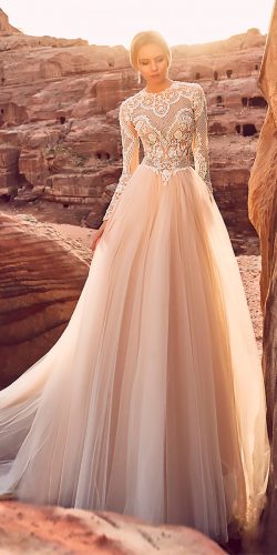 oksana mukha wedding dresses 2018 a line blush illusion lace long sleeves high neckline