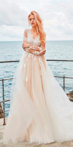 oksana mukha wedding dresses 2018 a line blush lace bodice long sleeves