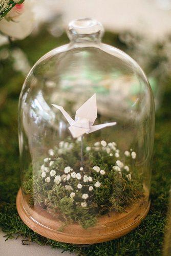 rustic barbecue bbq wedding stand with moss flowers and paper swan under transparent dome estudio dita via instagram