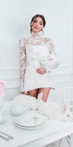 wedding dresses fall 2018 short lace high neckline illusion long sleeves mihanomomos