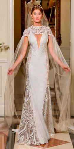 wedding dresses fall 2018 sleeveless deep plunging v neck heavily embellished bodice elegant sheath with cape naama and anat