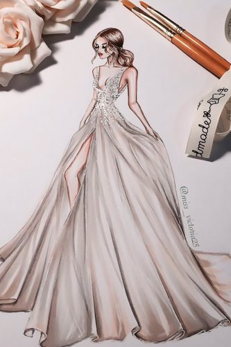 bridal illustrations a line v neckline embroidered bodice with straps high slit berta