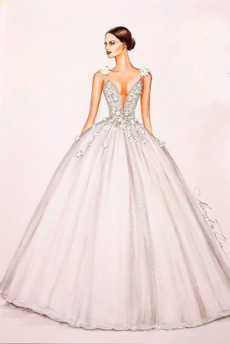 bridal illustrations ball gown v neckline spaghetti straps with shoulder bows berta 2