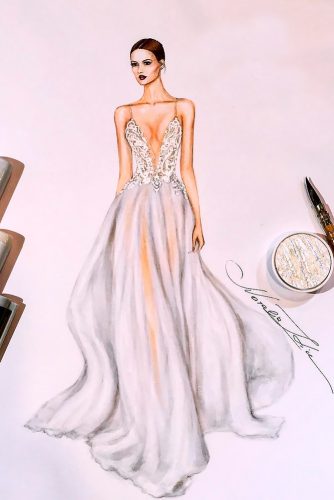 bridal illustrations colored flowy deep v neckline spaghetti straps berta 1