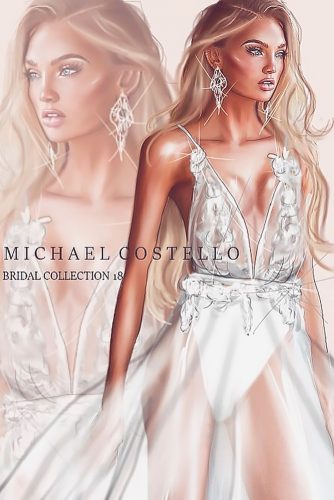 bridal illustrations flowy deep plunging v neckline with spaghetti straps michael costello 1