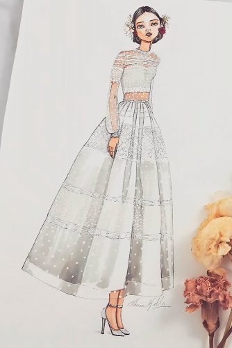 bridal illustrations tea length high neckline long sleeves christos costarellos