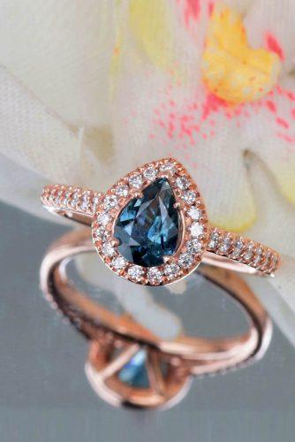 Precision cut sapphires and gemstones by Rogerio Graca Pear Shape Blue Green Sapphire Rose Gold Halo Ring