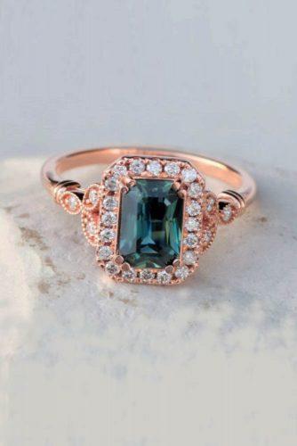 Precision cut sapphires and gemstones by Rogerio Graca Radiant Cut Teal Green Sapphire Art Deco Ring