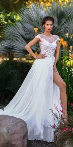 straight lace illusion neckline with cap sleeves high slit victoria soprano 2018 wedding dresses style celine