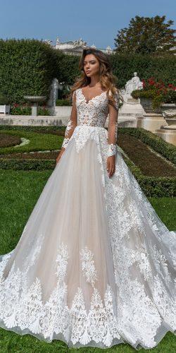 crystal design 2018 wedding dresses blush lace ball gown v neckline with sleeves style britta