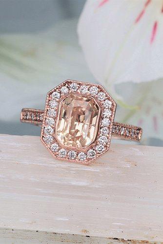 Precision cut sapphires and gemstones by Rogerio Graca Radiant Cut Peach Sapphire Bezel Set Halo