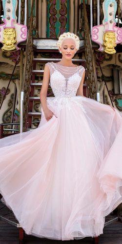 a line blush flowy illusion neckline lace cap sleeves pollardi fashion group 2018 wedding dresses daria karlozi carnation
