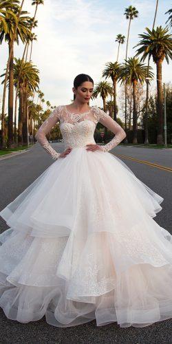 pollardi fashion group ball gown ruffled skirt illusion neckline lace long sleeves blush wedding dresses halle