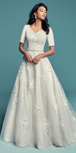 lace a line v neckline with sleeves and belt maggie sottero wedding dresses meryl marie
