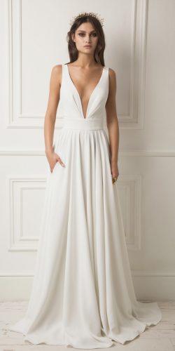 simple deep v neckline sleeveless with straps a line lihi hod wedding dresses
