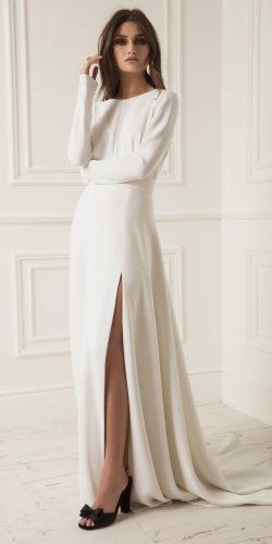 straight high slit long sleeves simple with train lihi hod wedding dresses