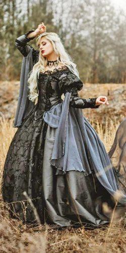 black medieval wedding dresses ball gown gothic off the shoulder lace long sleeves romanticthreads