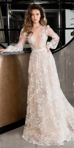 lace a line deep plunge neckline long sleeve riki dalal wedding dresses 2019