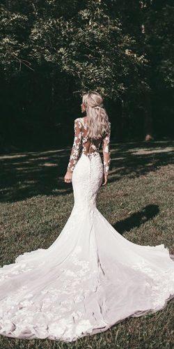 mermaid lace illusion backless long sleeve with train pronovias wedding dresses