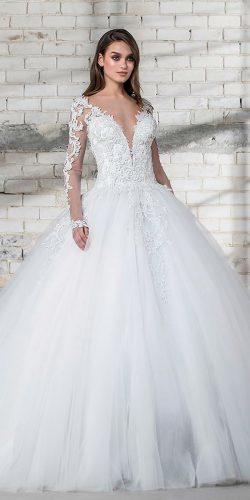 pnina tornai wedding dresses 2019 ball gown lace illusion long sleeve with plunge neck