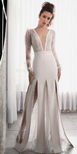 riki dalal wedding dresses 2019 plunge neckline lace long sleeve trumpet a line with overskirt