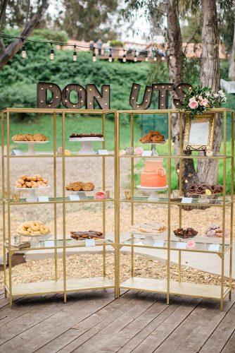 wedding dessert table ideas in form of golden shelves with cake and sweets thelongislandeventista via instagram