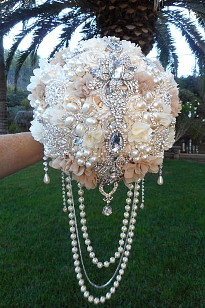 brooch wedding bouquets with pearls and blue gemstones