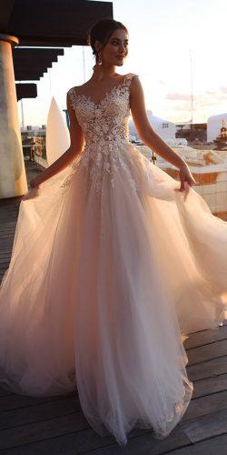 spring wedding dresses a line illusion neckline floral blush nora naviano