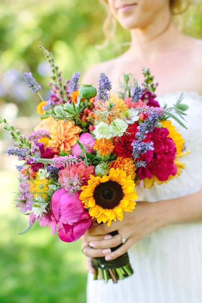 colourful sunflower wedding bouquets 6
