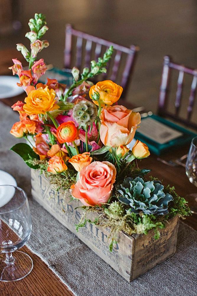 rustic wedding centerpieces roses succulents wildflowers old wooden box tablecloth 822 weddings