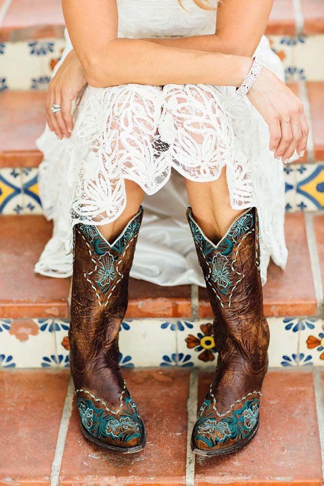 cowgirl boots wedding ideas with colored embroidered