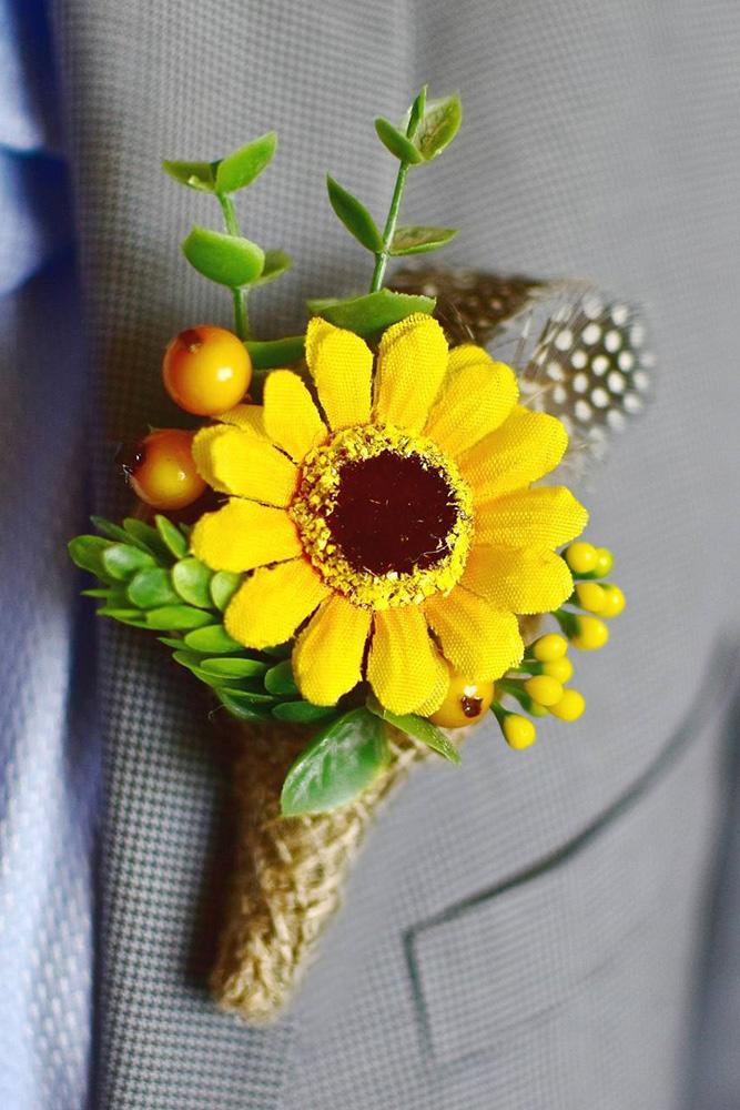 sunflower wedding boutonniere flower on grey groom suit simplyprettywedding